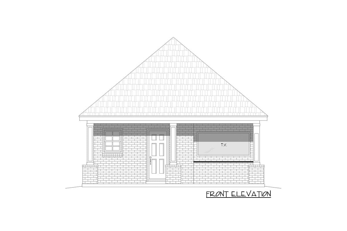 Front elevation drawing of a one-story house plan with a covered entry, brick exterior, and large window.