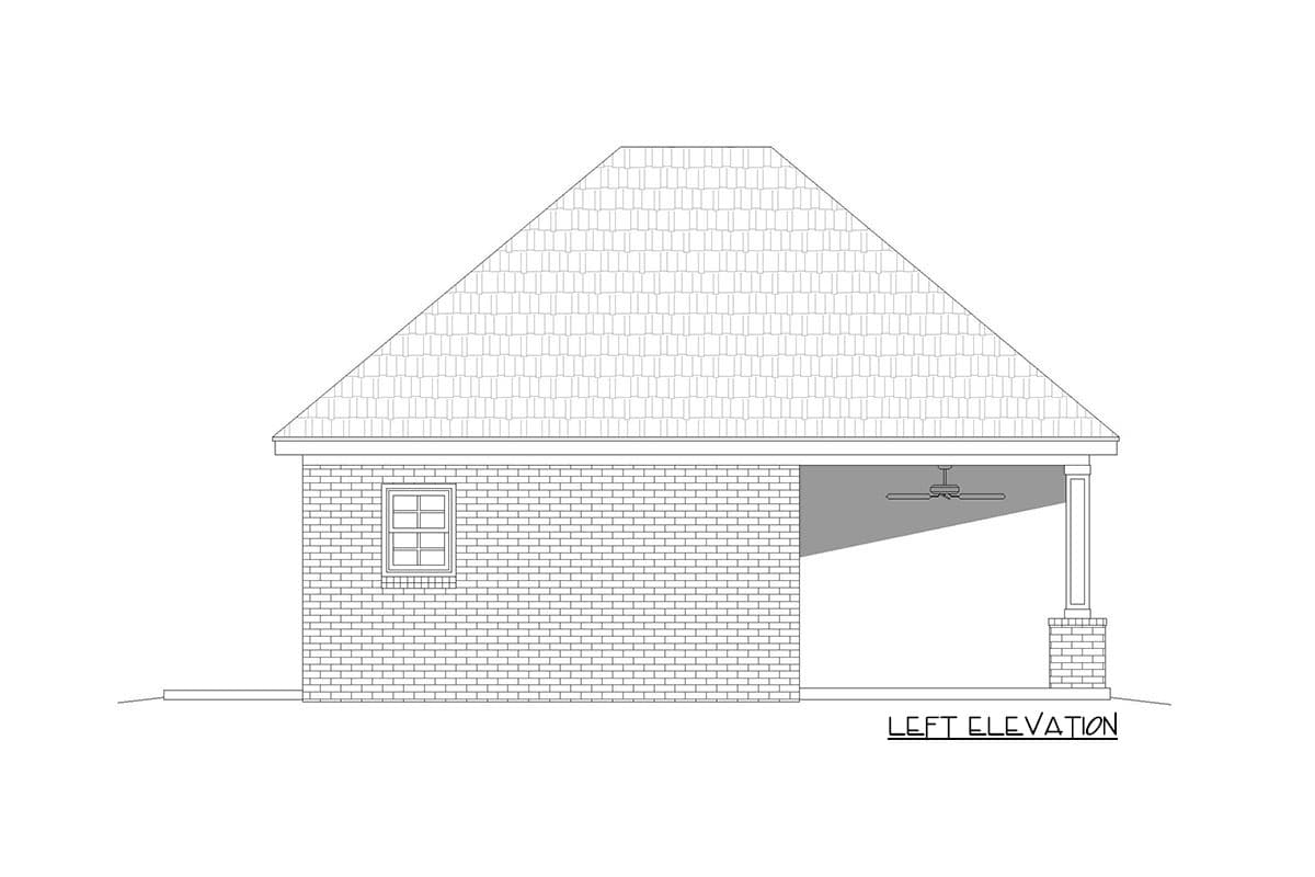 Left elevation house plan with brick exterior, hipped roof, window, covered porch with ceiling fan and column.