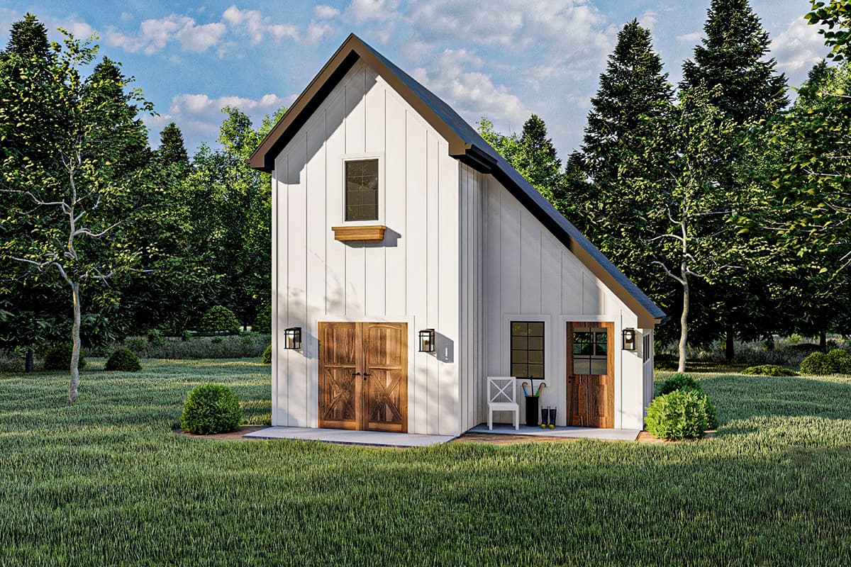 House plan exterior. Two-story Modern farmhouse with board-and-batten siding, contrasting trim, and a gable roof with offset entry and double doors.