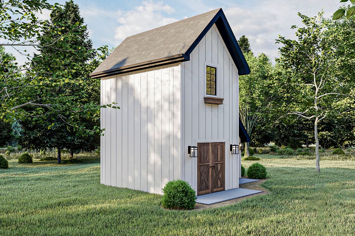 House plan exterior: Tall, narrow building with white vertical siding, double doors, and a single gable window.