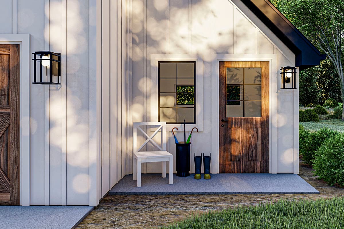 Modern Farmhouse house plan exterior with vertical siding, wood door, grid window, and dark framed lanterns.