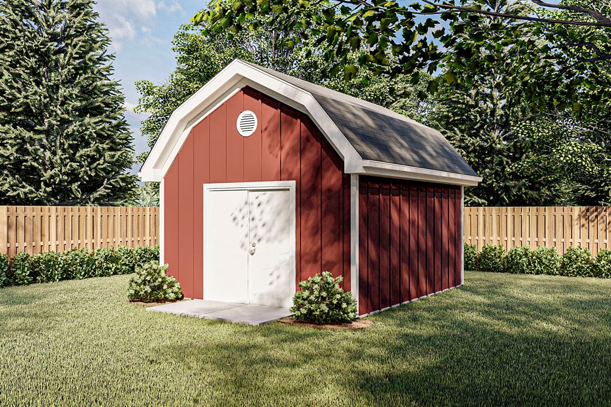 House plan exterior. Red shed-style structure with white trim. Features include a gambrel roof, double doors, and a small vent.