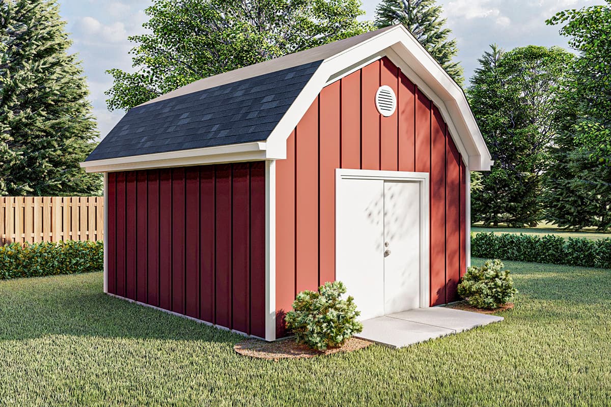House plan exterior of a one-story barn-style structure with red vertical siding, gable roof, and double doors.