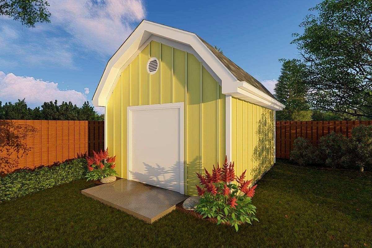 Exterior of a gambrel-roof shed with vertical siding, a large front door, and a gable vent.