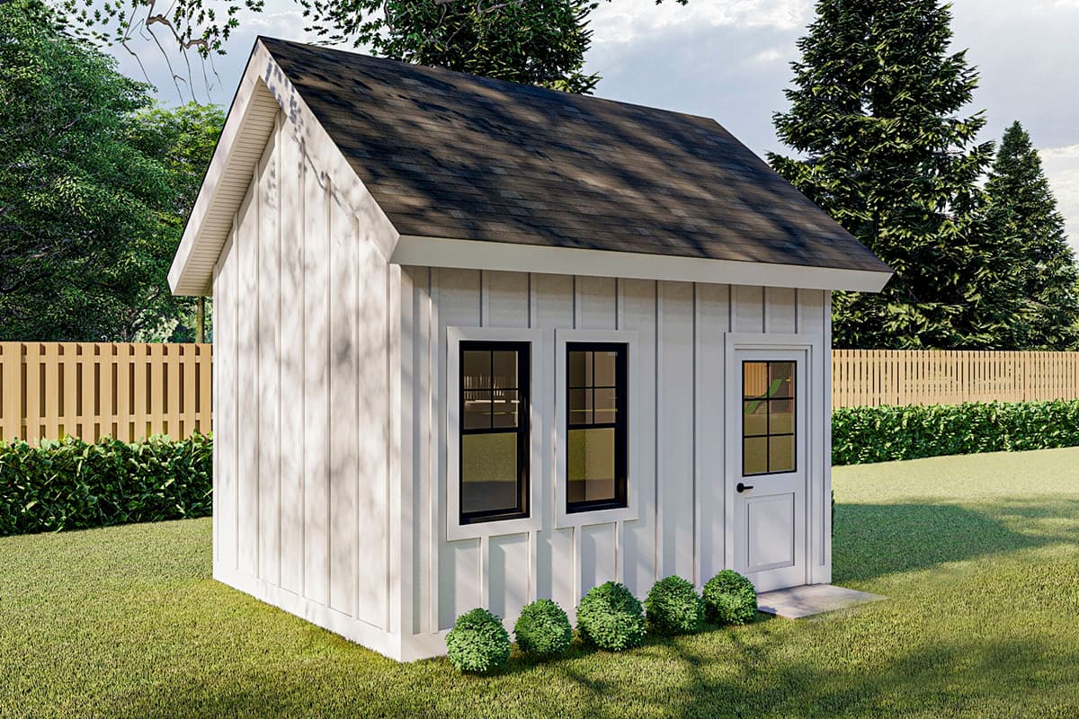 Modern Farmhouse style house plan exterior, one story, with vertical siding, gabled roof, and two windows.