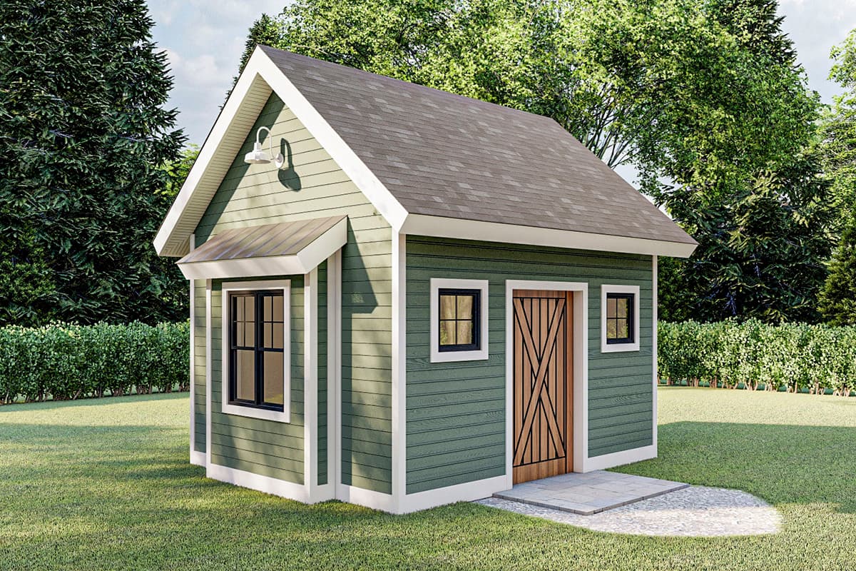 House plan exterior with gable roof, shed awning, and paneled door. Features include small windows, and board and batten siding.