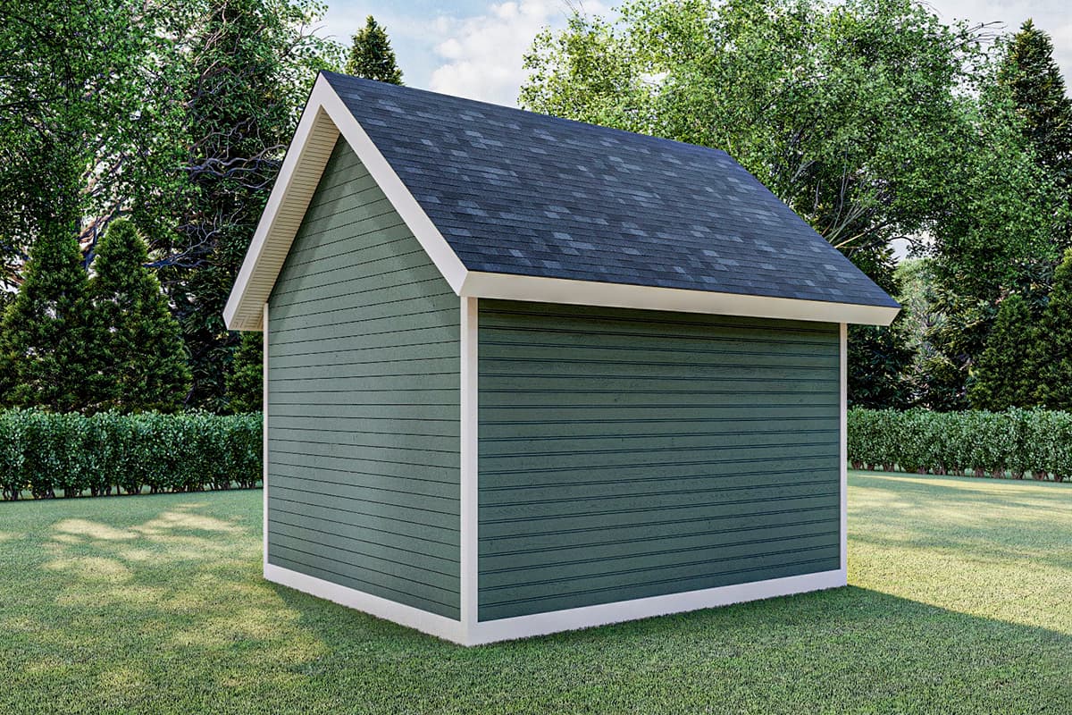 House plan exterior: One-story structure with a gabled roof, dark asphalt shingles, horizontal siding, and white trim.