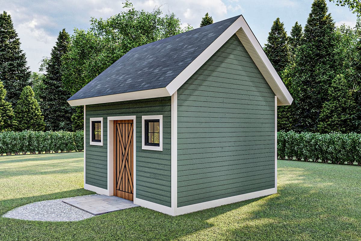 House plan exterior: One-story structure with a gable roof, horizontal siding, and a wooden door with cross-patterned panels.