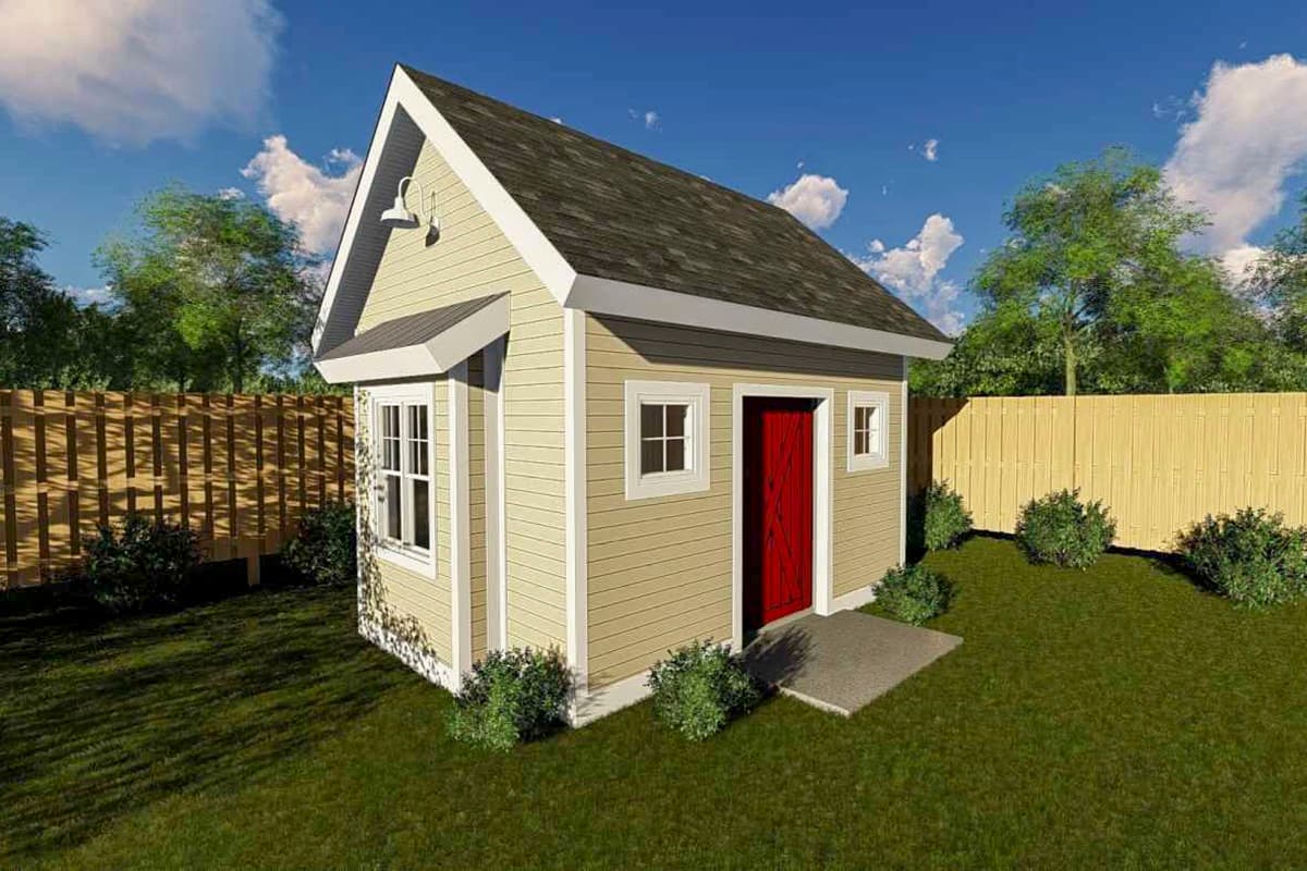House plan exterior: One-story structure with gable roof, siding, multiple windows, and red front door.
