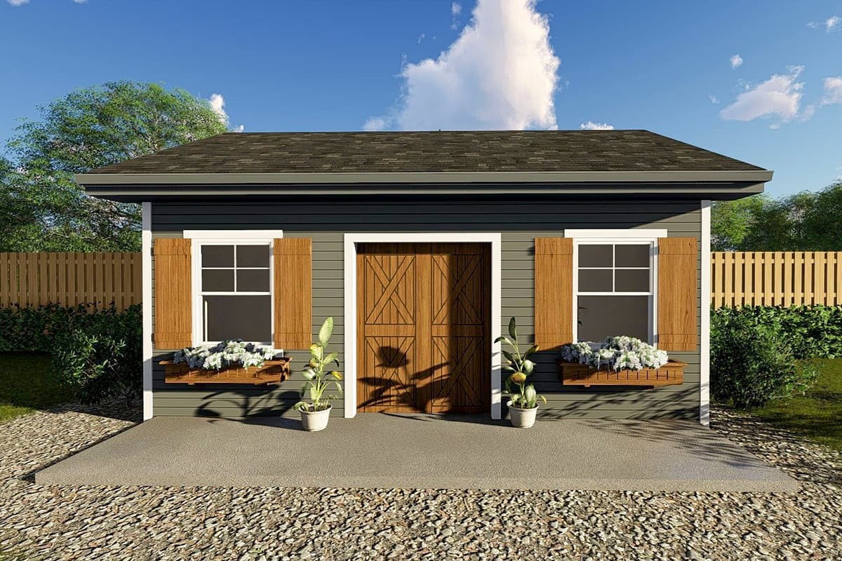 House plan exterior: One-story structure with double barn doors, two windows with shutters and flower boxes, and a gable roof.