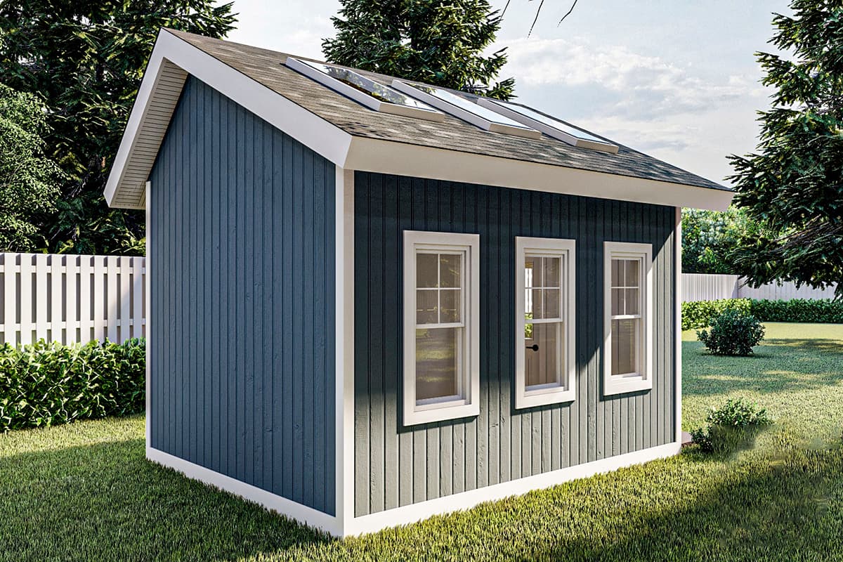 House plan exterior rendering: One-story structure with vertical siding, gable roof, and multiple skylights.