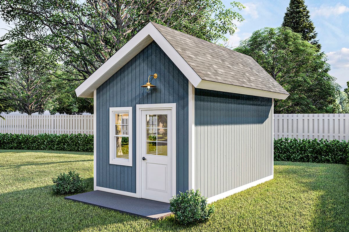 Playhouse exterior with gable roof, vertical siding, one door with glass panes, and one window.