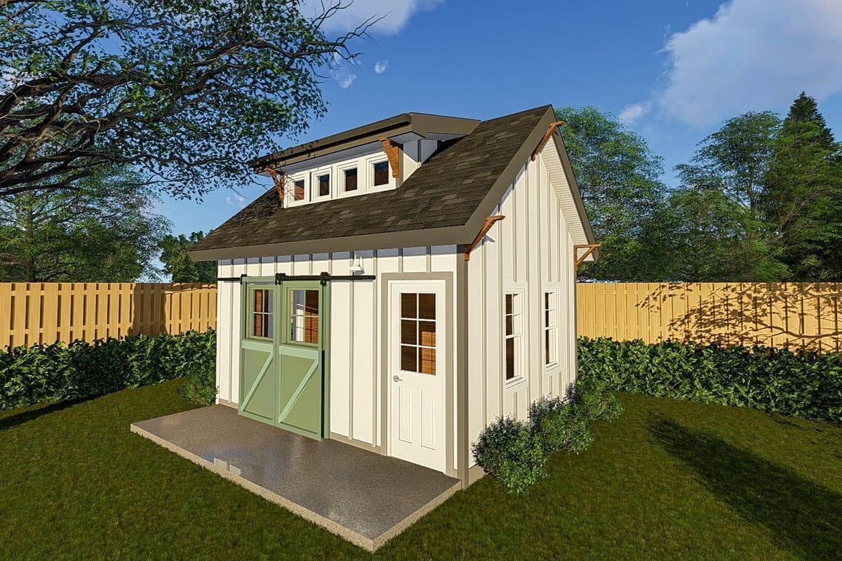 Modern Farmhouse house plan exterior, two stories, board and batten siding, dormer windows, and double barn doors.