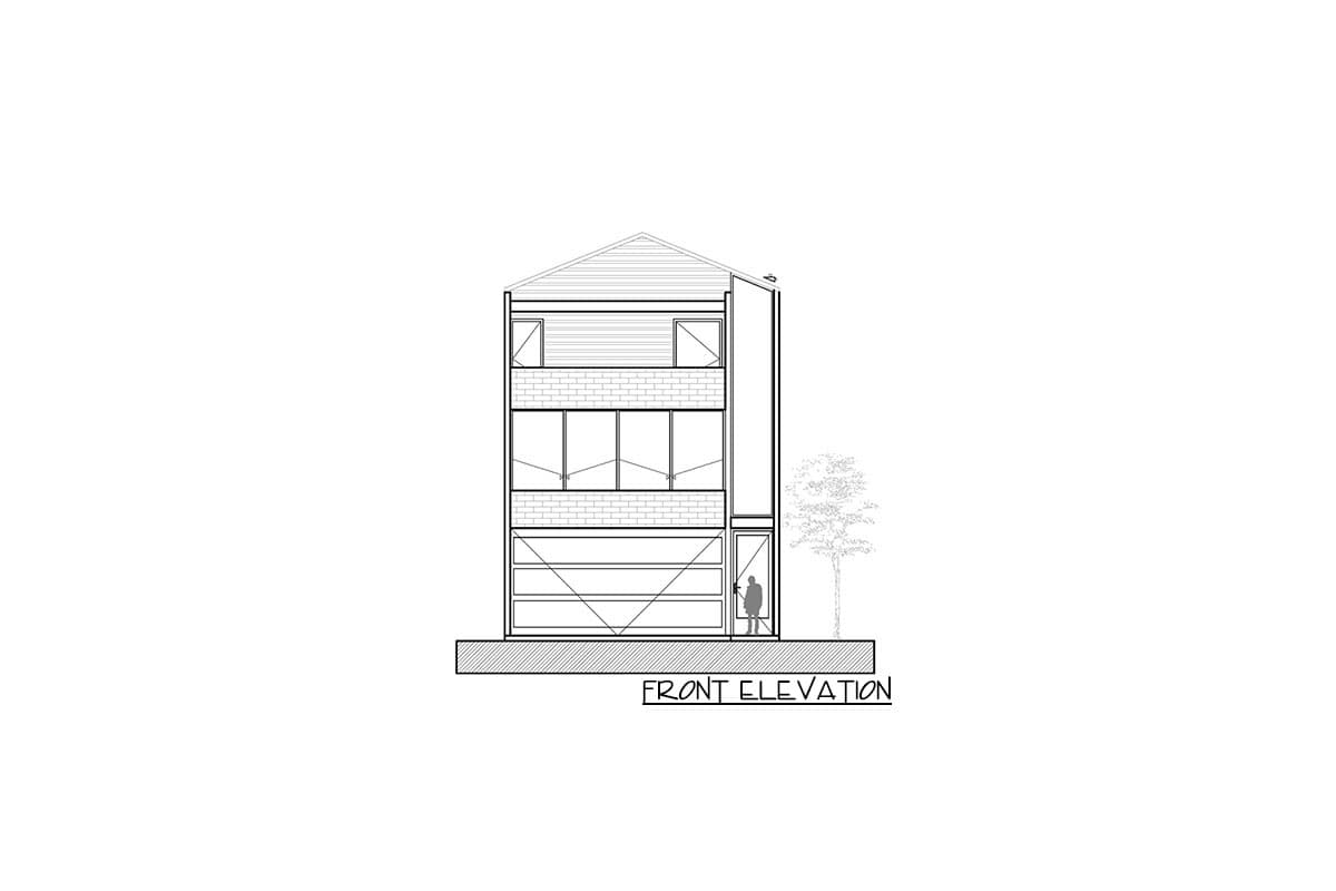 Front elevation drawing of a three-story house plan with a gabled roof, multiple window types, and a garage door.