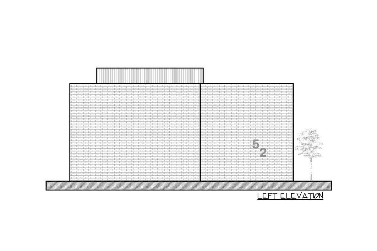 Left elevation drawing of a two-story brick building with a flat roof and a small tree.
