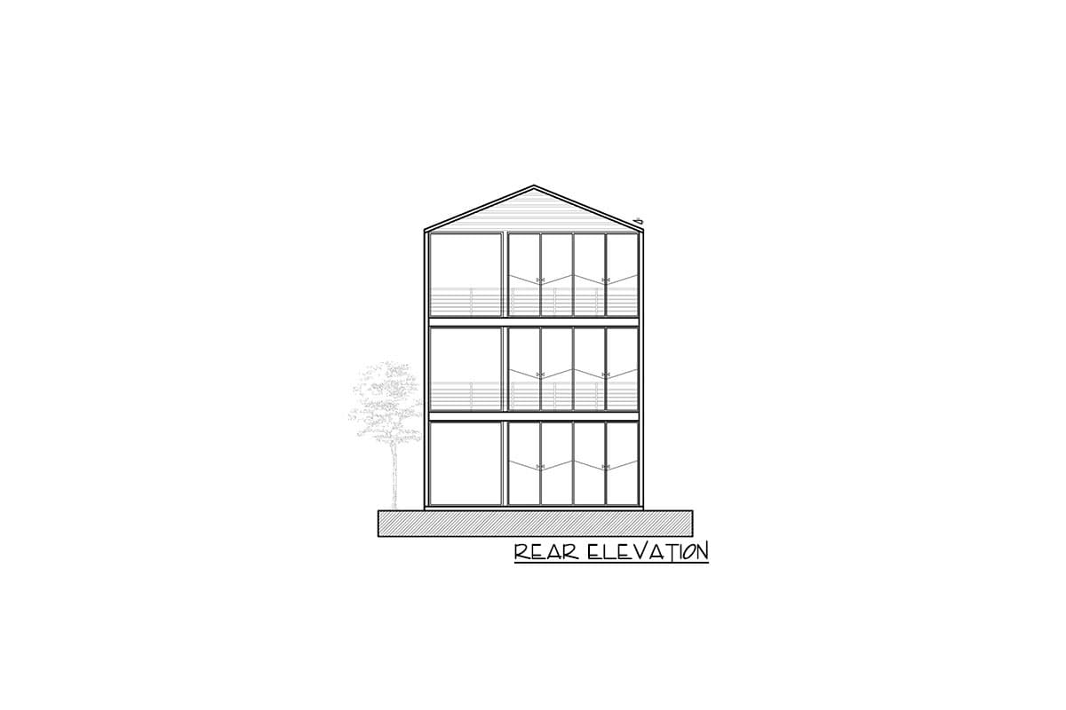 Rear elevation drawing of a three-story house with a gable roof and balconies on each floor.