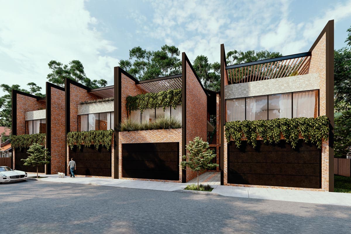Modern multi-story house plan exterior with brick facade, large black garage doors, and cantilevered balconies with hanging greenery.