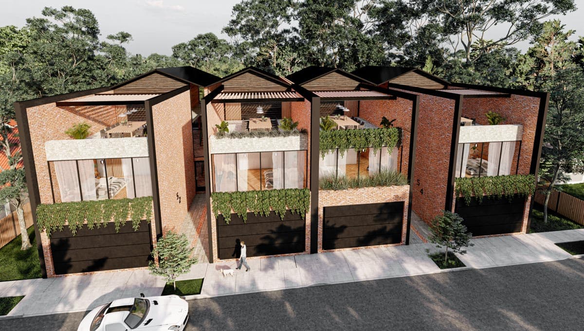 House plan exterior featuring modern architecture, brick facade, black garage doors, and rooftop terraces. Two-story structure with open-air decks.
