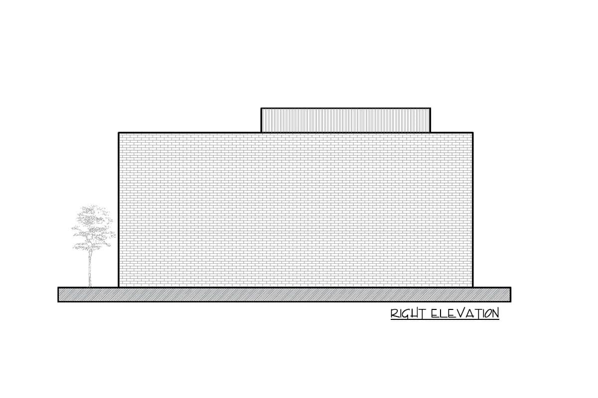 Right elevation drawing of a two-story brick building with a tiered upper level and a textured parapet.