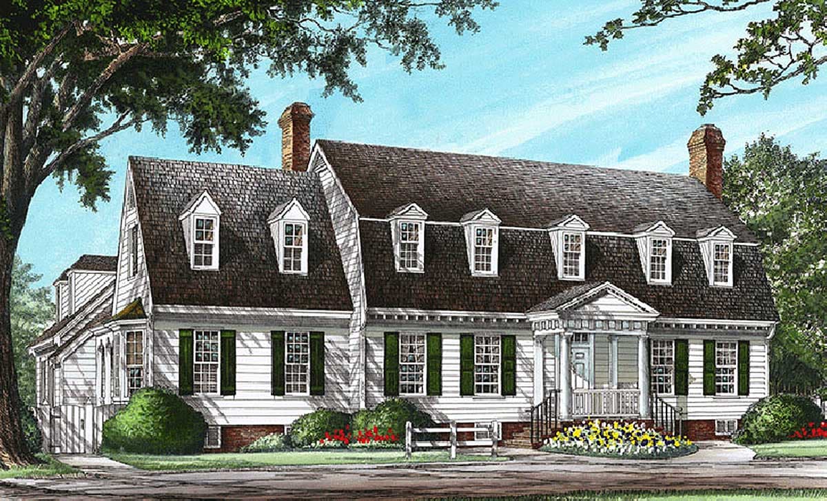 Colonial style house plan exterior with gambrel roof, multiple dormers, and central portico with columns.