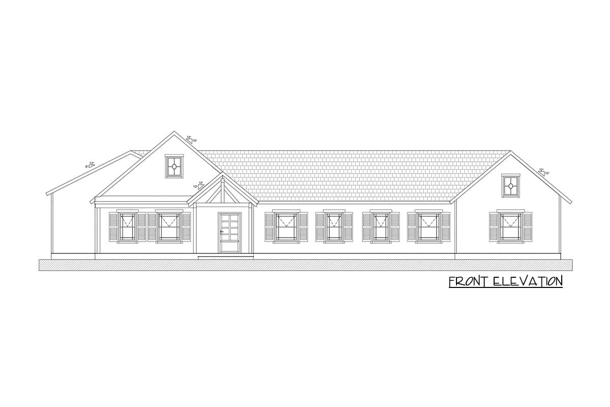 Front elevation drawing of a one-story house plan with a prominent gable over the entry porch and multiple symmetrically placed windows.