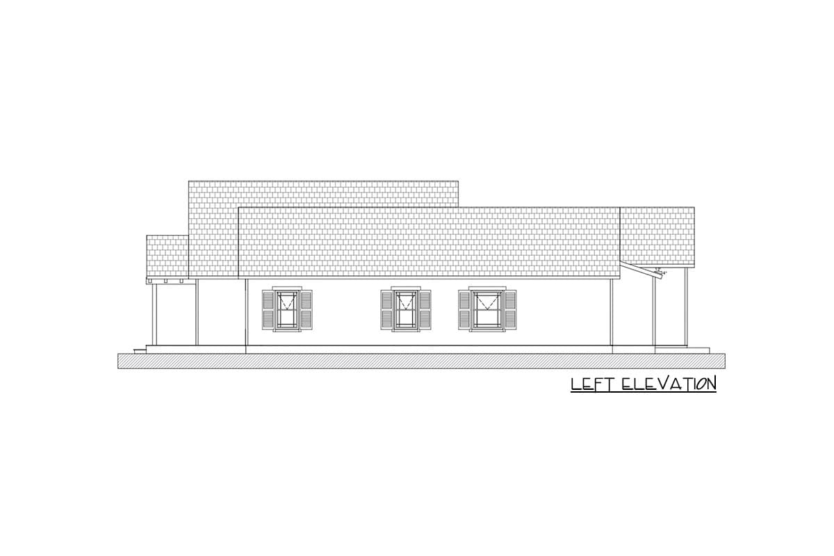 Left elevation drawing of a house plan with gabled rooflines, dormers, and a covered porch.