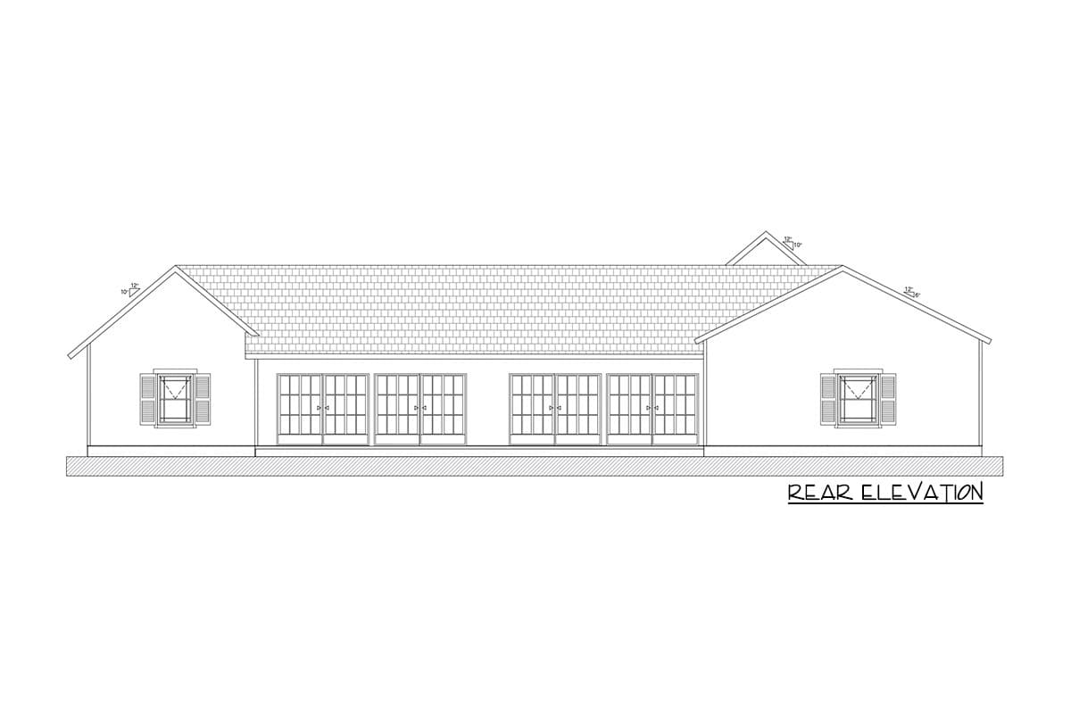 Rear elevation drawing of a single-story house plan with a shingled hip roof, gabled dormers, and multiple large windows.