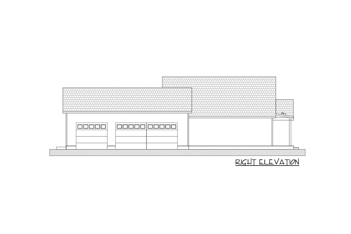 Right elevation of a house plan showing a side-facing view with a two-car garage and a sloped roof.