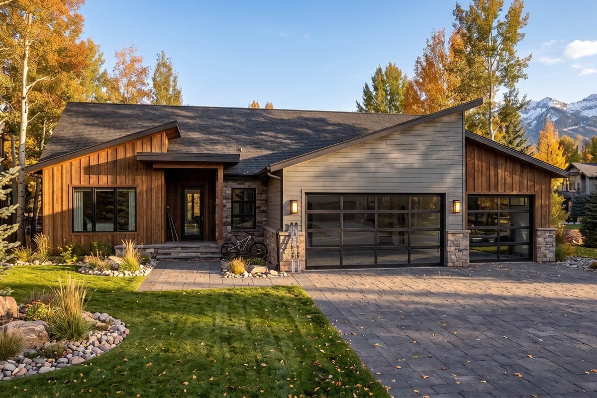 House plan exterior with wood siding, stone accents, asymmetrical rooflines, and two modern glass garage doors.