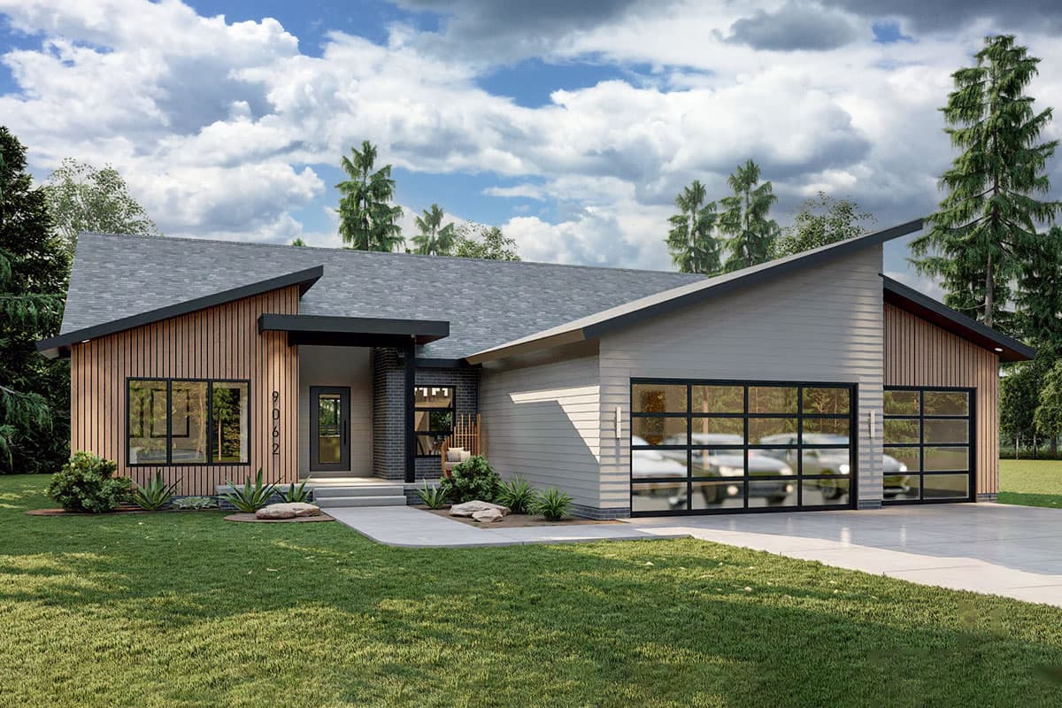 House plan exterior with modern design. Features include a side-entry garage, sloped roof, and vertical wood siding. Single-story house.