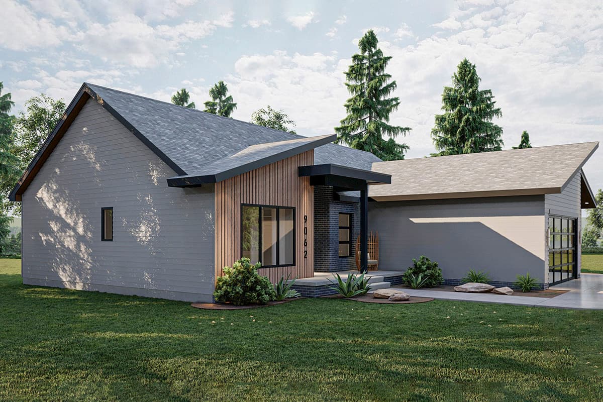 House plan exterior: Modern style, one story with gabled roof, vertical wood siding, and attached garage.