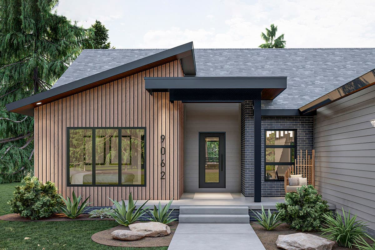 Modern house plan exterior with vertical wood siding, brick accents, gable roof, and covered entryway.