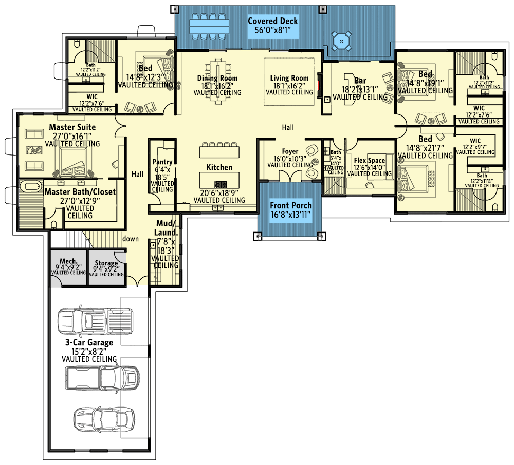 Plan 311030RMZ: Spacious Ranch House Plan with Wine Cellar and Flex Room - Floor Plan - Main Level - Craftsman, Mid Century Modern, New American, Northwest, Ranch