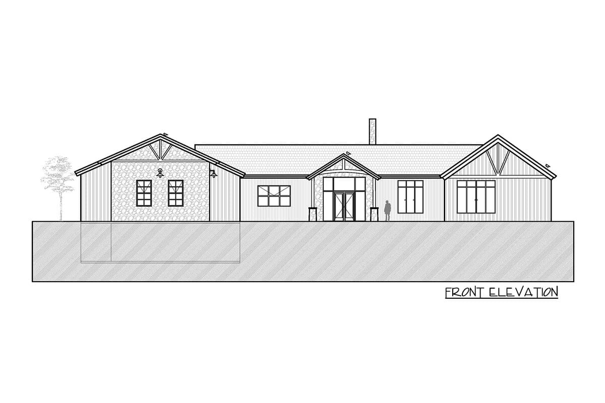 Front elevation drawing of a single-story house plan with a prominent gable entrance, varied rooflines, and stone accent.