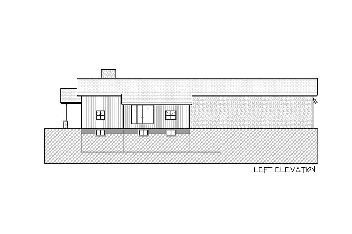Left elevation drawing of a single-story house plan with a mix of siding and stone textures, multiple rooflines, and a covered porch.