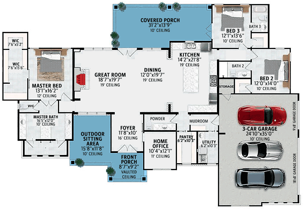 Plan 430074LY: 3-Bed New American Craftsman Plan with Split Bedrooms and Home Office - Floor Plan - Main Level - Craftsman, Hill Country, New American, Ranch, Rustic