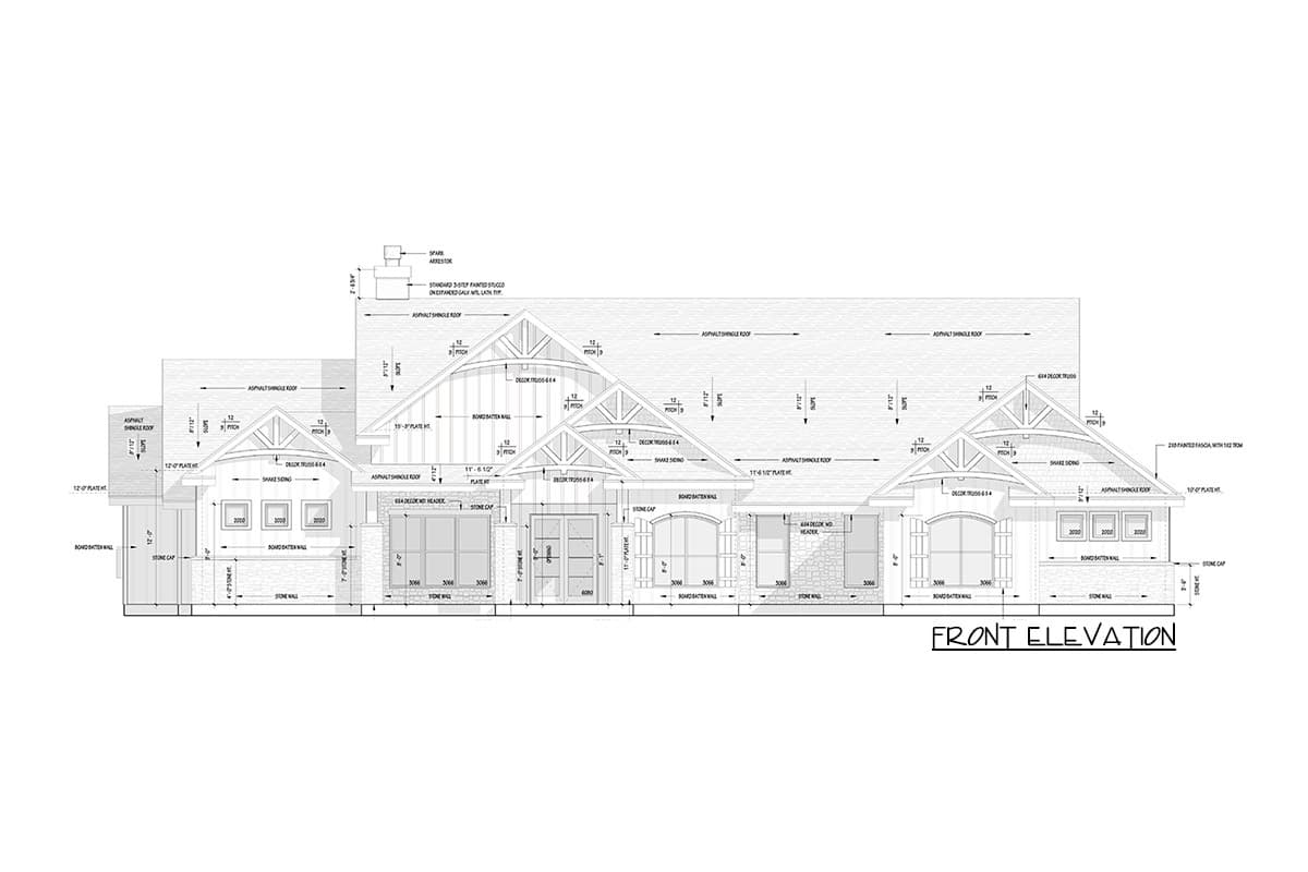 Front elevation drawing of a house plan with asphalt shingle roof, decorative trusses, shake siding, and stone accents.
