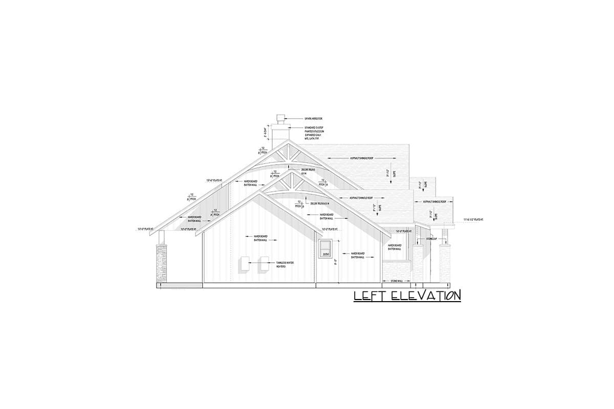 Left elevation drawing of a house plan showing gables, shed roof dormers, stone accents, and decorative trusses.