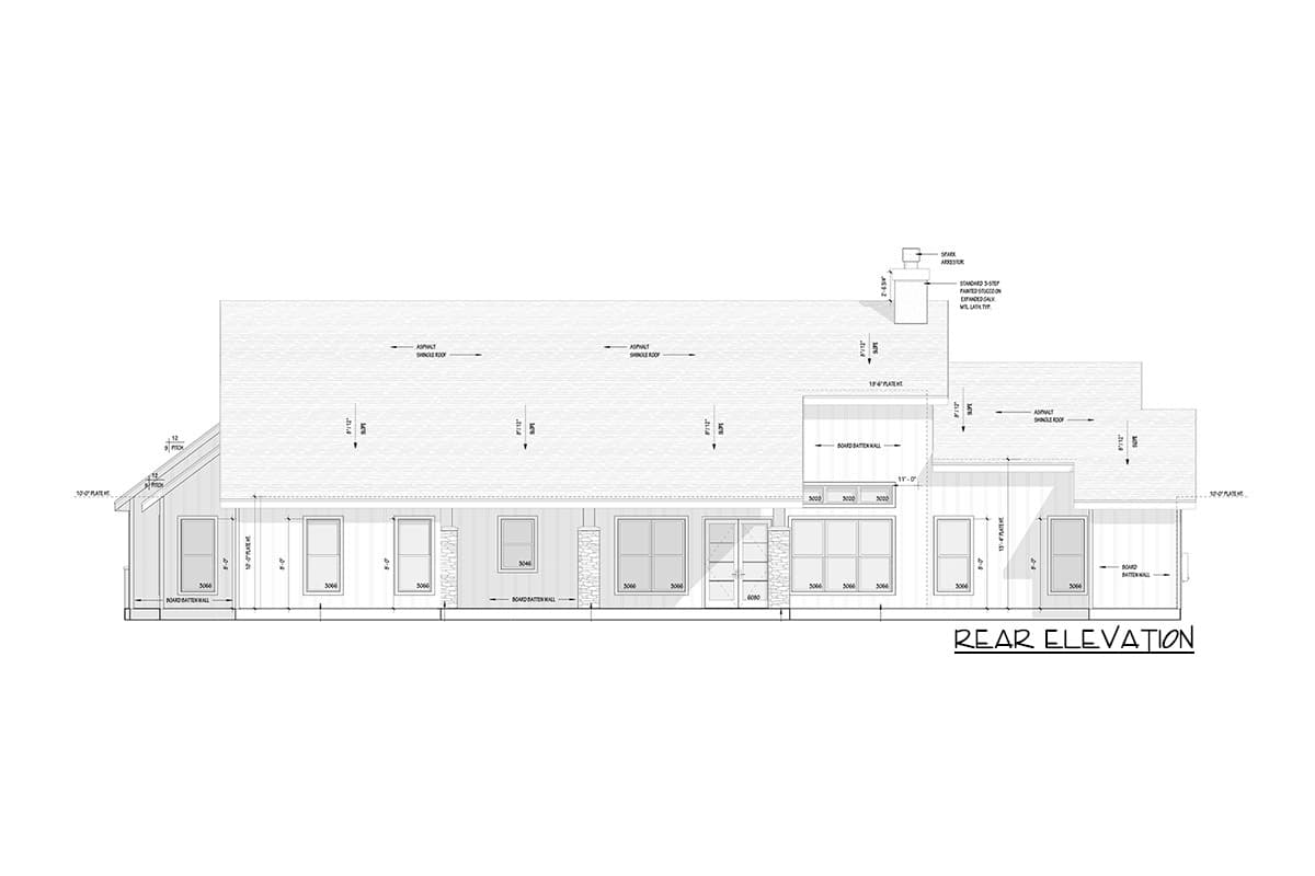 Rear elevation house plan showing asphalt shingle roof, board and batten walls, chimney, and multiple windows.