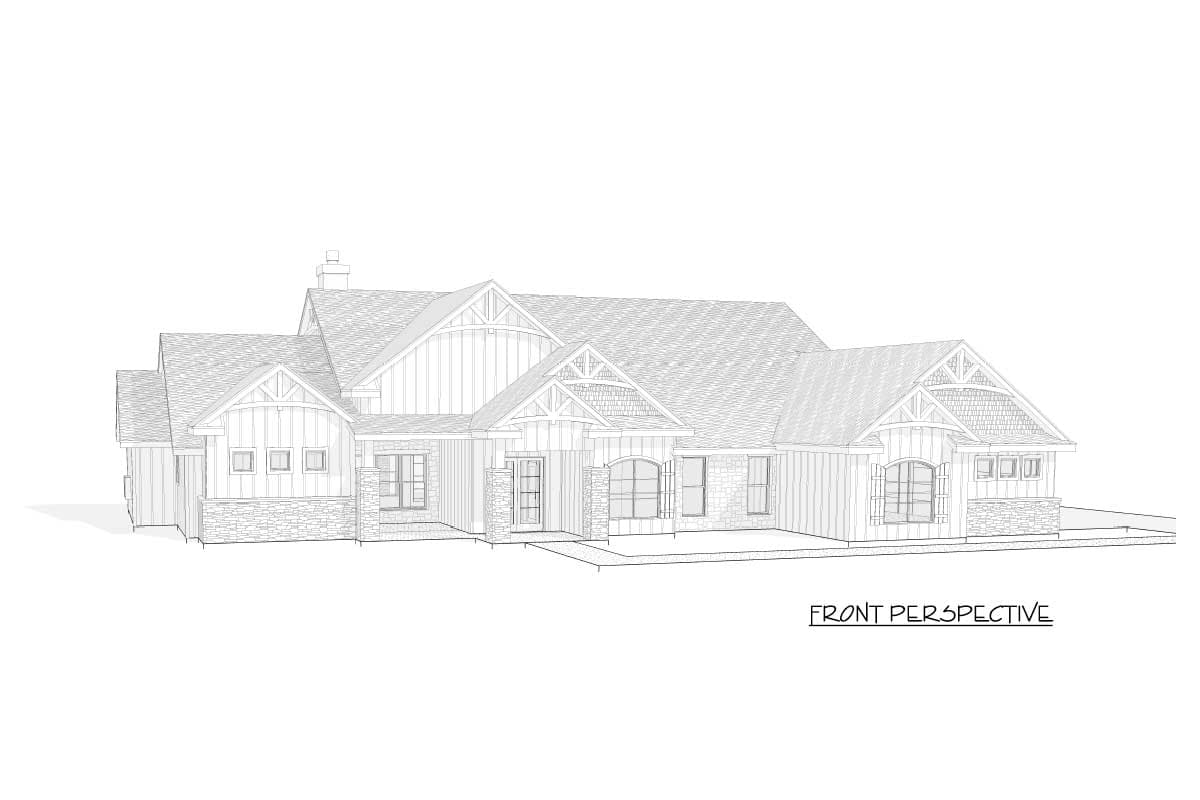 House plan exterior perspective: One-story Modern Farmhouse with prominent gables, stone accents, and varied rooflines.