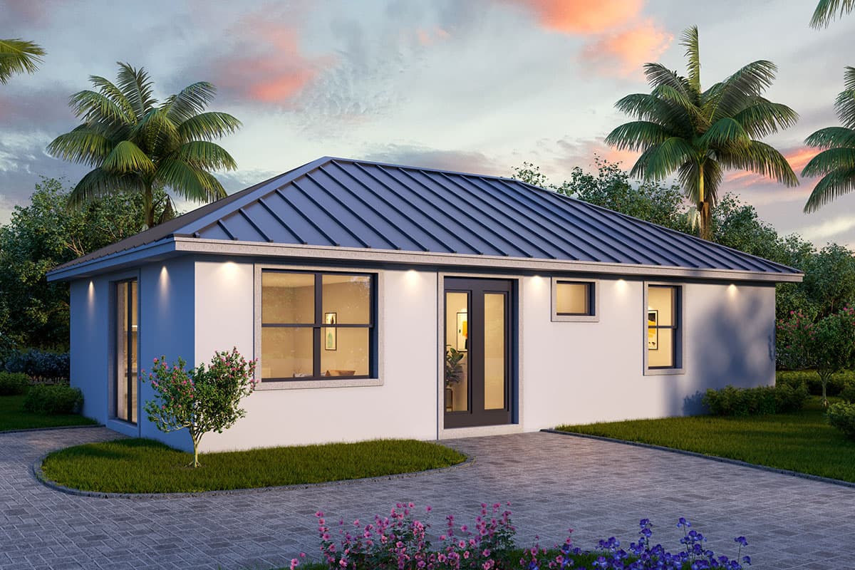 House plan exterior. One-story structure with a metal roof, several windows, and a double-door entry. Landscaped front yard with palm trees.