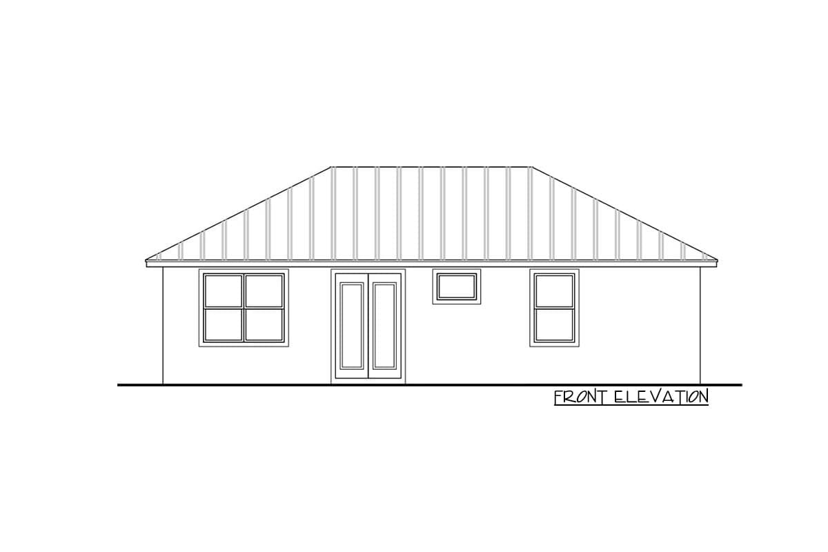 Front elevation drawing of a one-story house with a metal hip roof, double doors, and three windows.