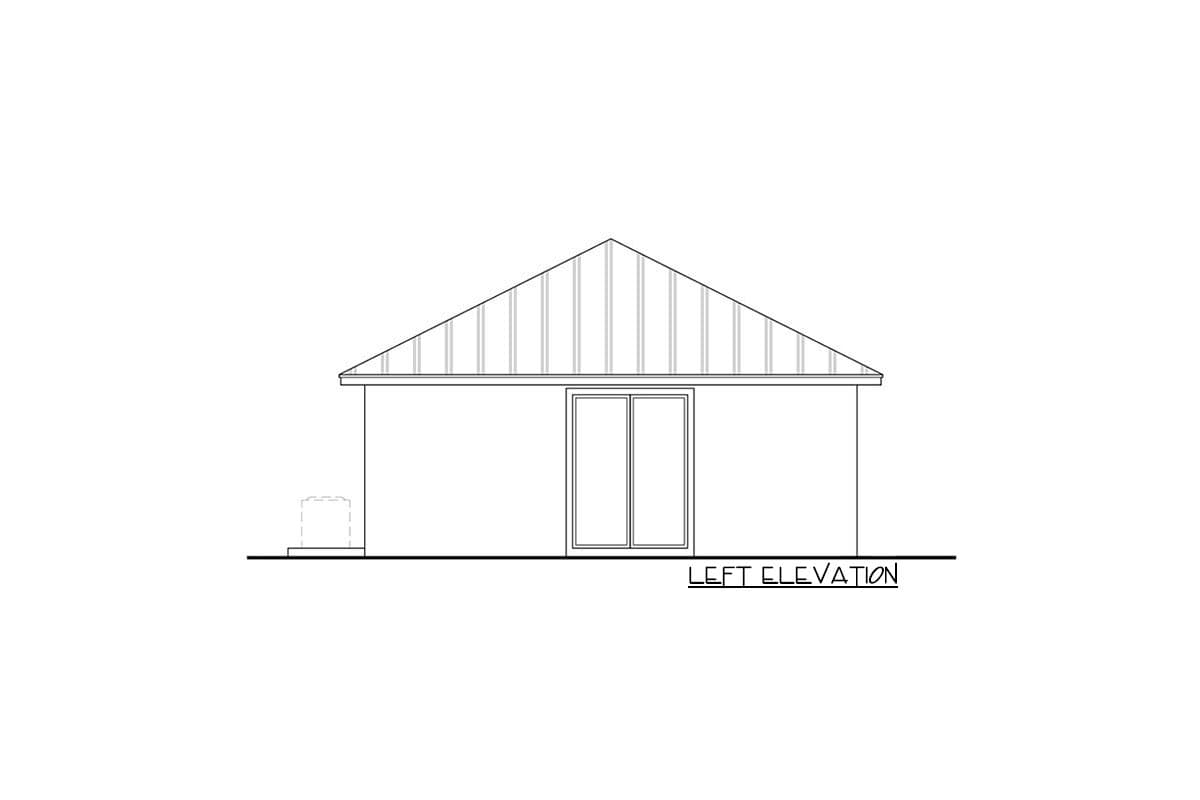 Left elevation drawing of a house plan showing a metal gable roof and double sliding doors.