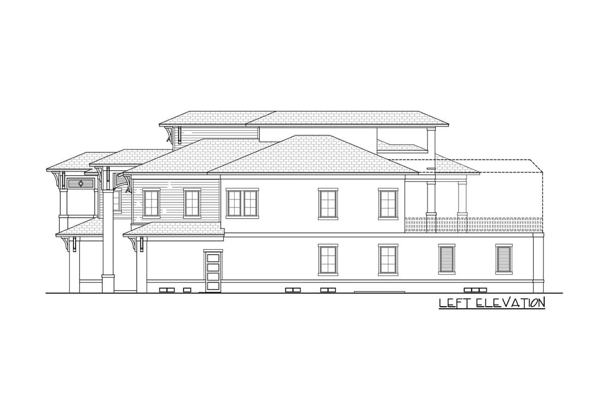 House plan left elevation showing multiple rooflines, porches, varied window styles, and siding detail.