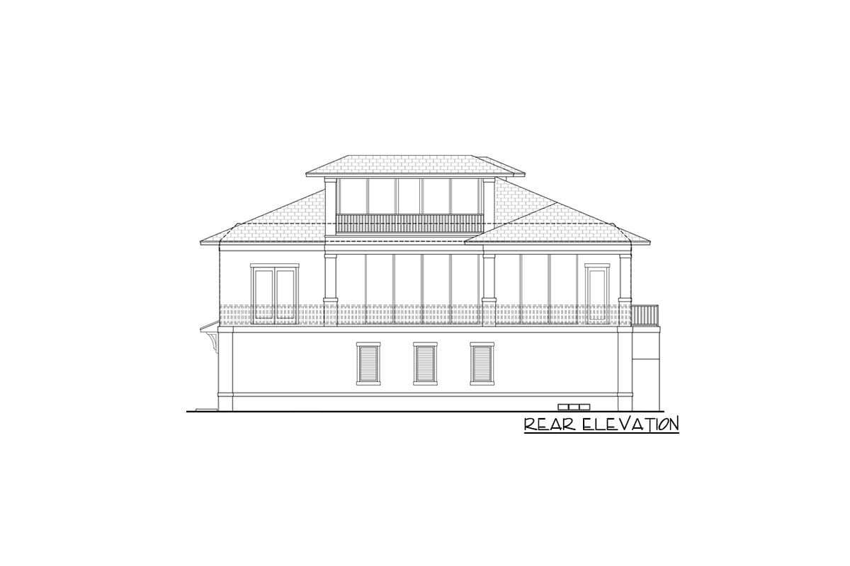 Rear elevation drawing of a two-story house with a balcony, large windows, and hip roof.