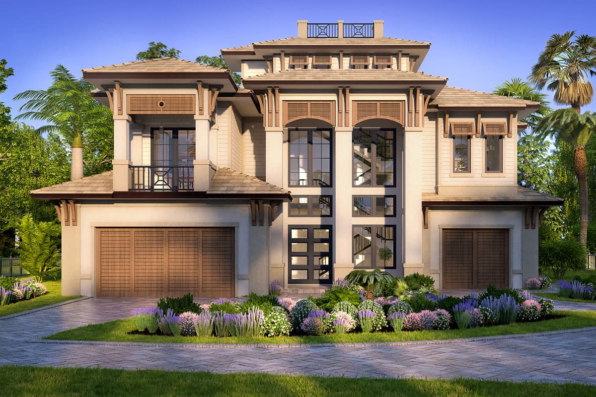 House plan exterior. Two-story, coastal style with a hipped roof, balconies, and garage doors. Includes large windows and decorative trim details.