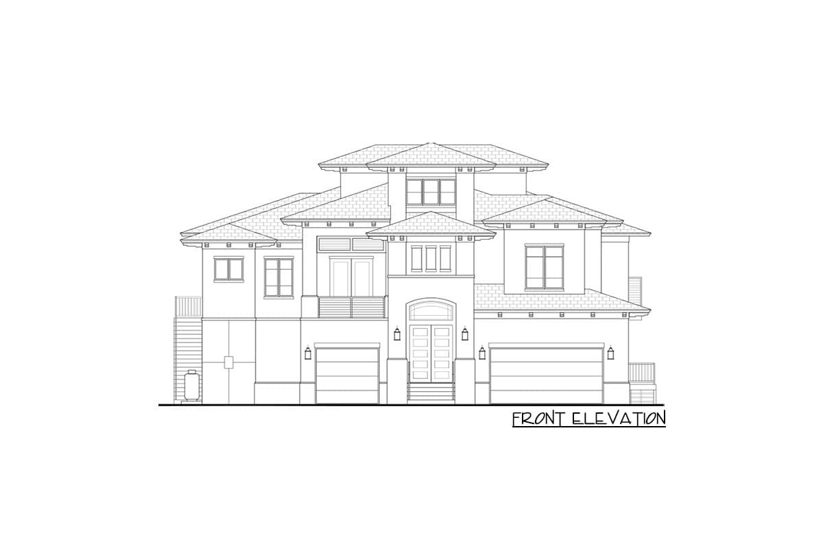 Front elevation drawing of a two-story house plan with multiple gables, two garage doors, and a central arched entryway.
