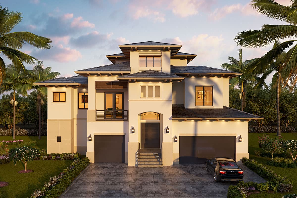 House plan exterior: two-story modern home with a tiled hip roof, double garage, and upper-level balcony.