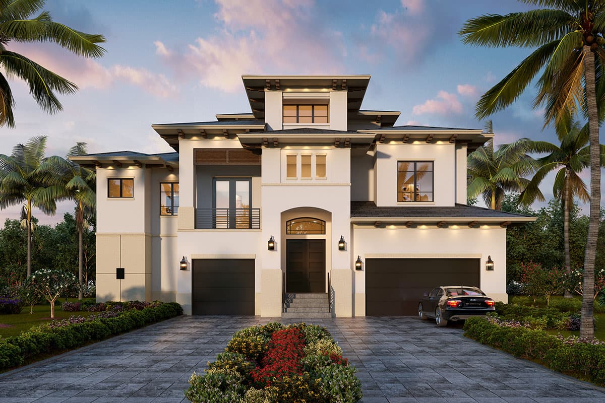 House plan exterior. Two-story, Modern design with flat rooflines, second-story balcony, and two-car garage. Entry features an arched doorway.