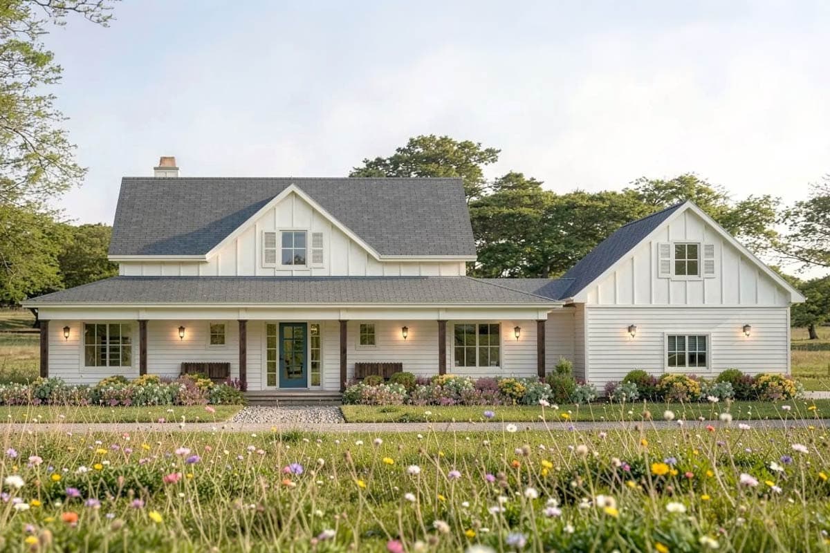 A white farmhouse with a dark gray roof stands at sunset, with mountains in the background and a lush green lawn. Colorful flowers line the porch.